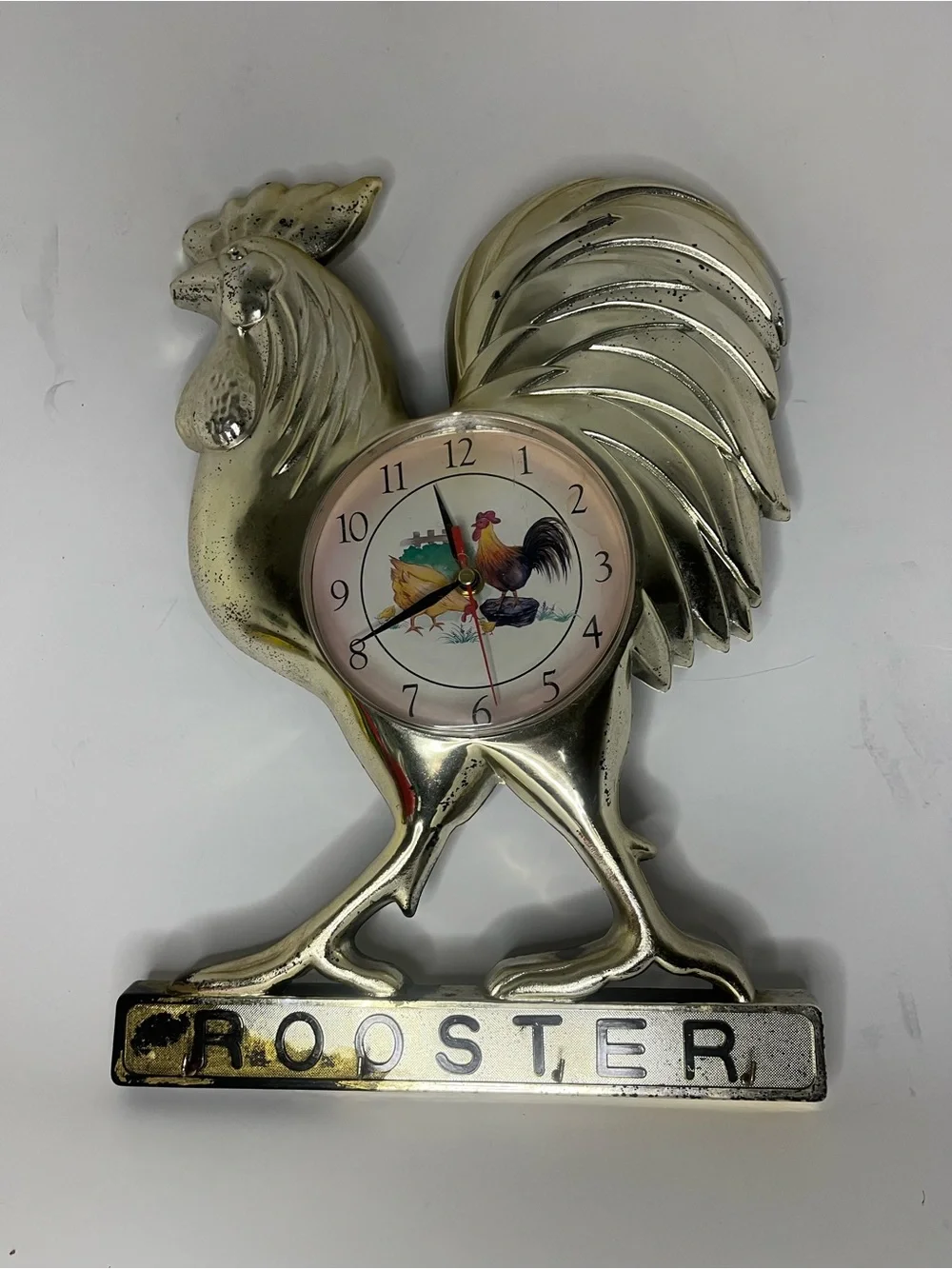 Vtg Rooster Wall Clock Hanger Farmhouse Metallic  Works Kitchen Farmcore 16”x14”